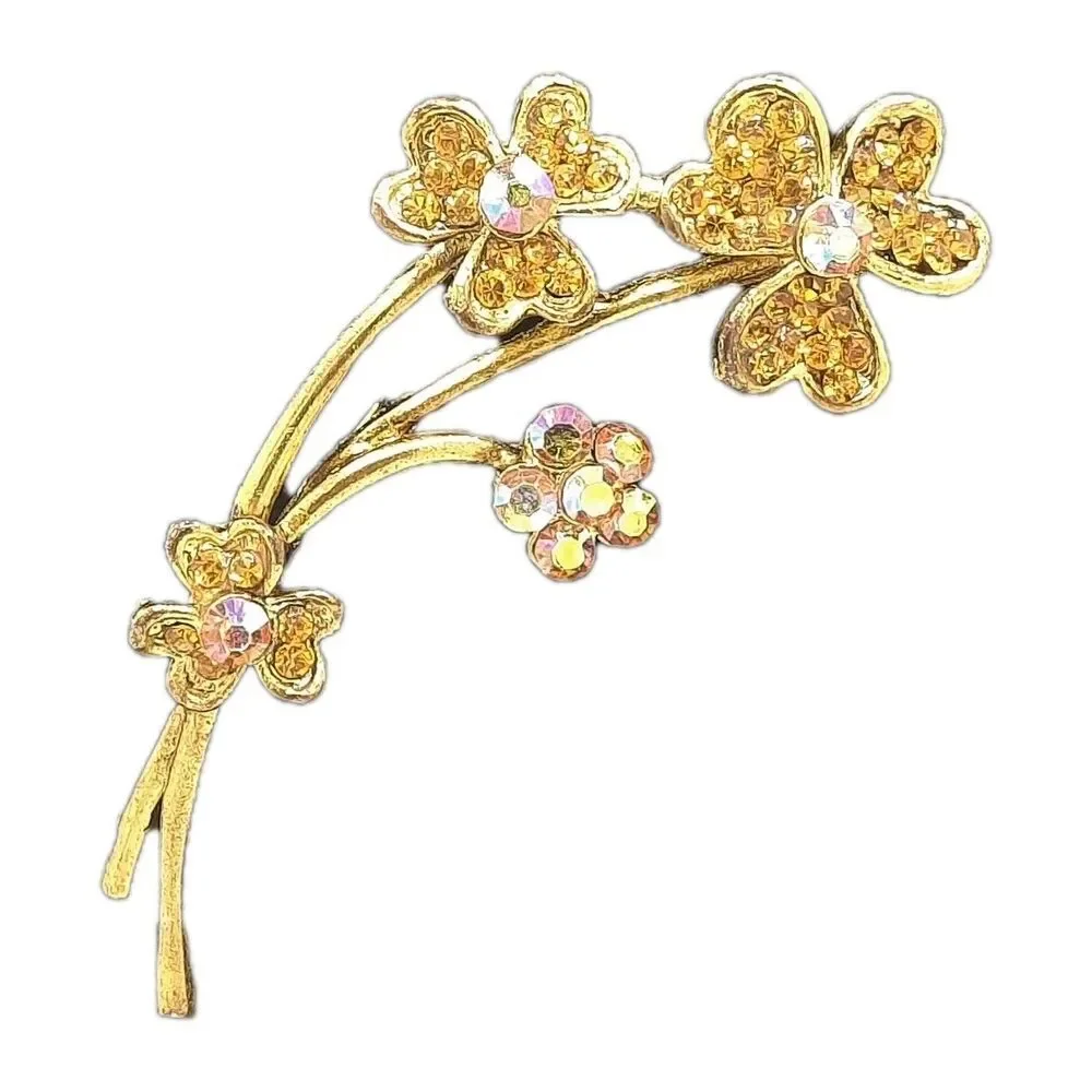 Vtg Floral Bouquet Brooch Pin Amber Aurora Borealis AB Rhinestone Gold Tone MCM